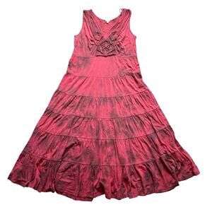 Reba Cottage Tiered Dress Cotton Stretch Pullover Long Maxi Tie Dye Macrame Neck